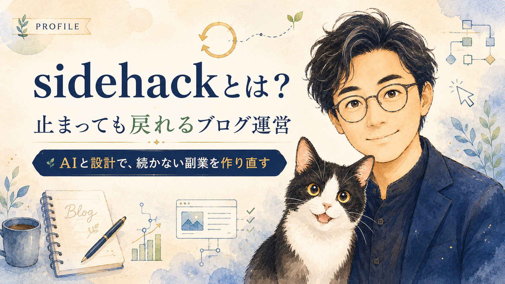 sidehackのプロフィール画像。AIと設計で止まっても戻れるブログ運営を表現